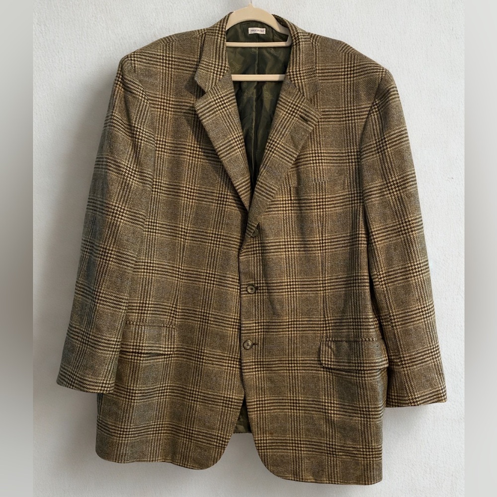 Brioni Nomento Pure Cashmere Wool Checkered Blazer Jacket Brown Size 52L